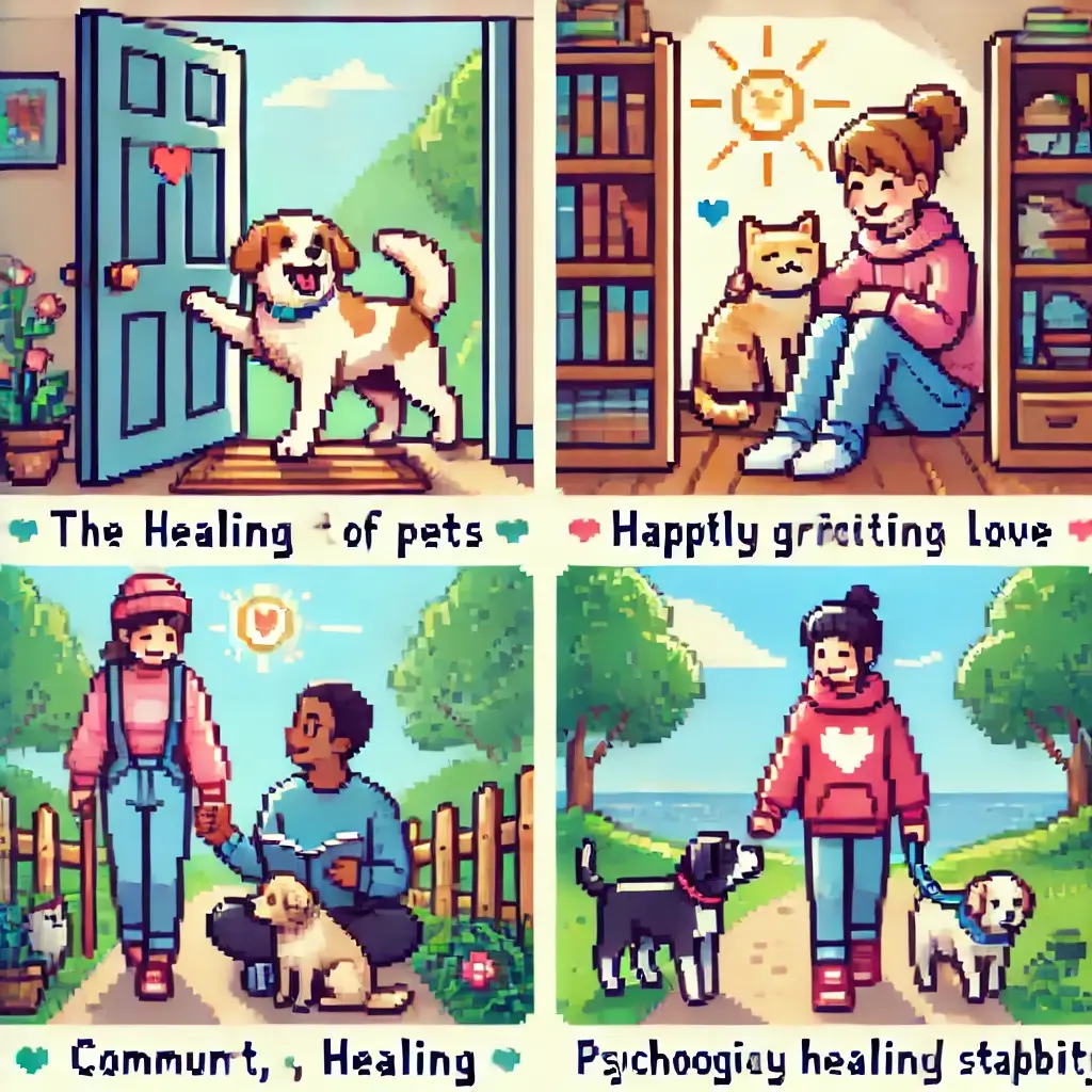 문 앞에서 주인을 반기는 강아지 픽셀 아트. 반려동물이 주는 무조건적인 사랑과 심리적 안정 효과를 상징. 키워드: 반려동물, 힐링, 심리적 안정, 반려견, 정서적 지지.