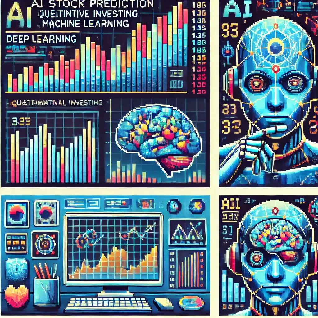 한국 주식 시장에서 AI 주식 예측, 퀀트 투자, 딥러닝, 머신러닝을 상징하는 화려한 주식 차트를 분석하는 AI 픽셀 아트.