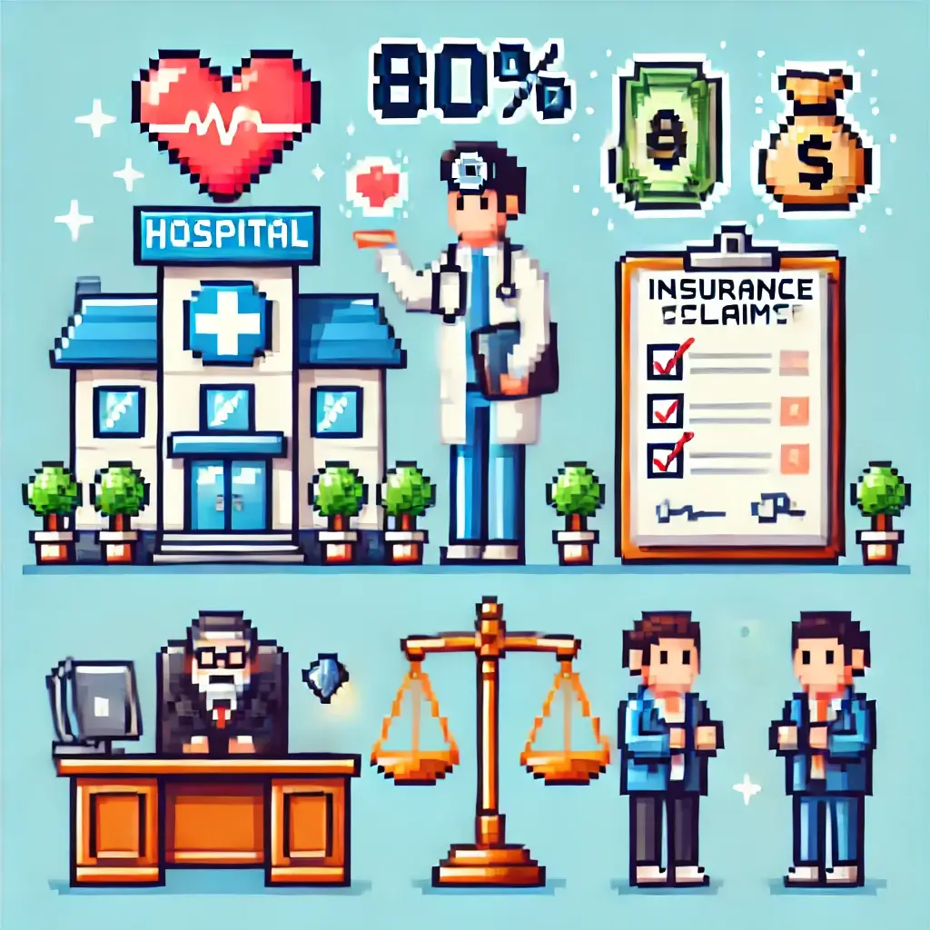 병원 앞에서 의사가 하트를 들고 위에 '80%'가 떠 있는 픽셀 아트, 비만 대사 수술 건강보험 적용을 상징함.