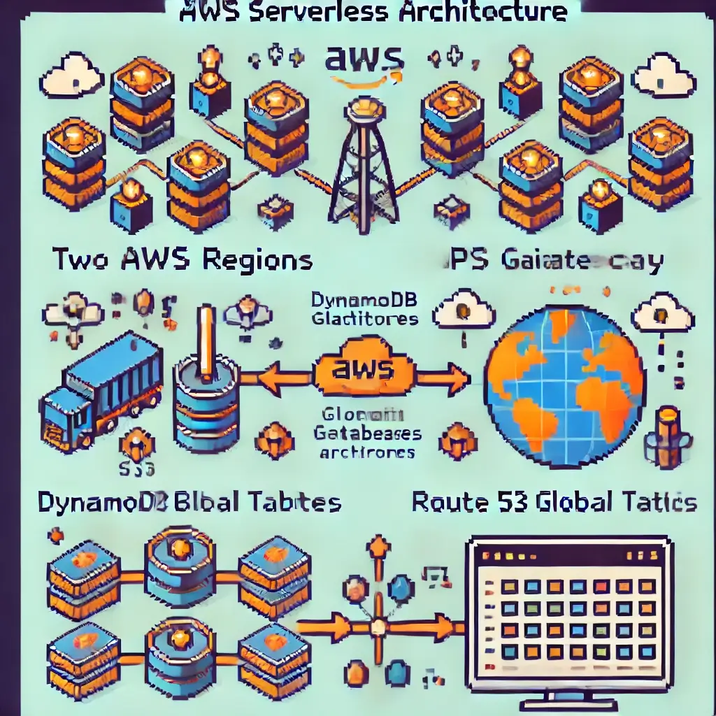 두 개의 AWS 리전에 람다, API 게이트웨이, S3 아이콘이 연결된 픽셀 아트, 액티브-액티브 아키텍처를 표현.