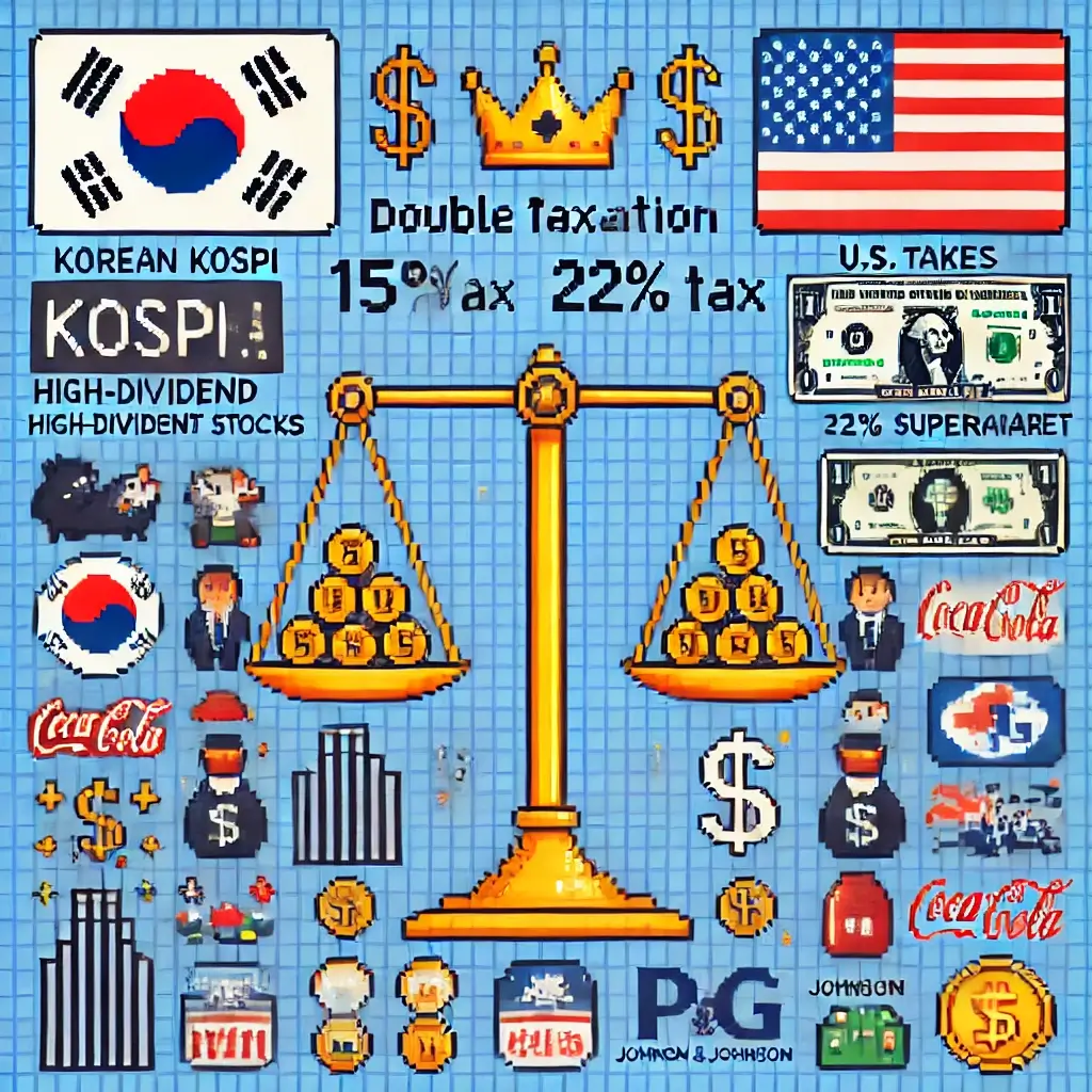 픽셀 아트 분할 화면, 왼쪽은 원화(₩) 아이콘과 은행·통신·유통주 등 코스피 고배당주, 오른쪽은 달러($) 아이콘과 소비재 기업, 왕관이 있는 미국 배당귀족. 키워드: 코스피 고배당주, 미국 배당귀족, 배당투자.
