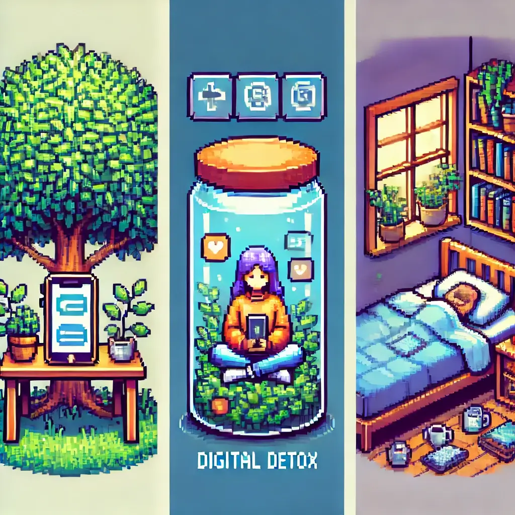 나무 아래에서 명상하는 사람과 옆에 유리병에 갇힌 스마트폰을 픽셀 아트로 표현한 이미지, 디지털 디톡스와 스마트폰 중독 탈출을 상징. 7일만에 인생이 바뀐다, 스마트폰 중독 탈출을 위한 디지털 디톡스 대작전!