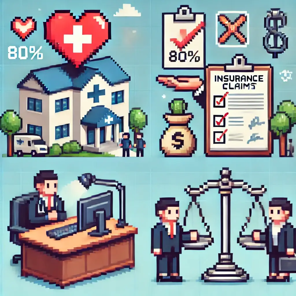 책상 위에 체크 표시된 문서와 빛나는 돈자루가 떠 있는 픽셀 아트, 보험금 청구와 실손보험 혜택을 상징함. 비만 대사 수술 보험금 2025 완전판