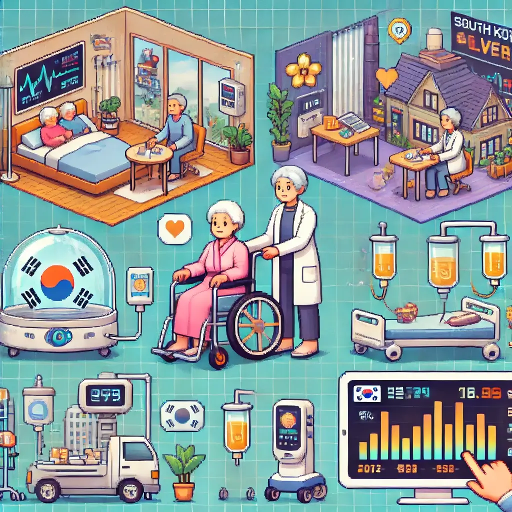 인구 절벽, 역대급 기회가 열리는 실버 산업 수혜주 5선! 2 아늙은 부부가 아늙한 가정에서 혈압계와 재활 로봇 같은 현대 헬스케어 기기를 사용하는 픽셀 아트, 실버 산업과 헬스케어 투자 표현.