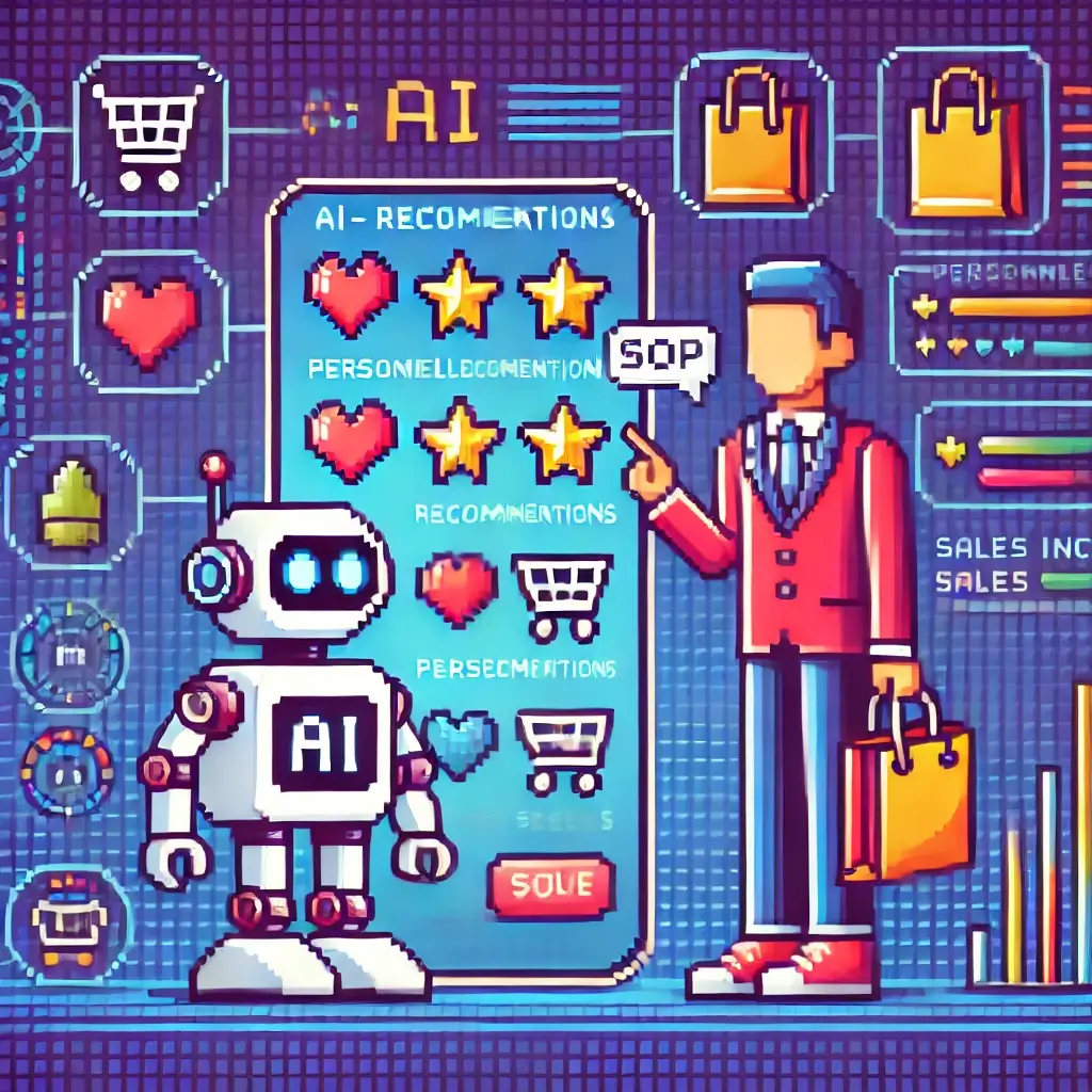 온라인 스토어에서 AI 어시스턴트가 상품을 추천하는 픽셀 아트 이미지. AI 추천 시스템