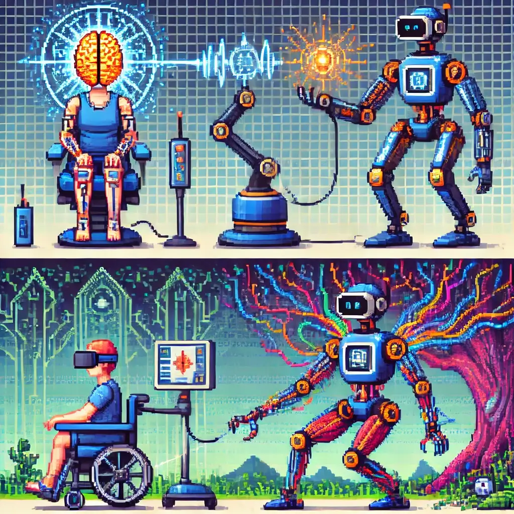 EEG 헤드셋을 착용한 환자가 로봇 팔과 연결되어 뇌파가 빛나는 픽셀 아트. 키워드: AI 재활 로봇, BCI, 뇌-컴퓨터 인터페이스.