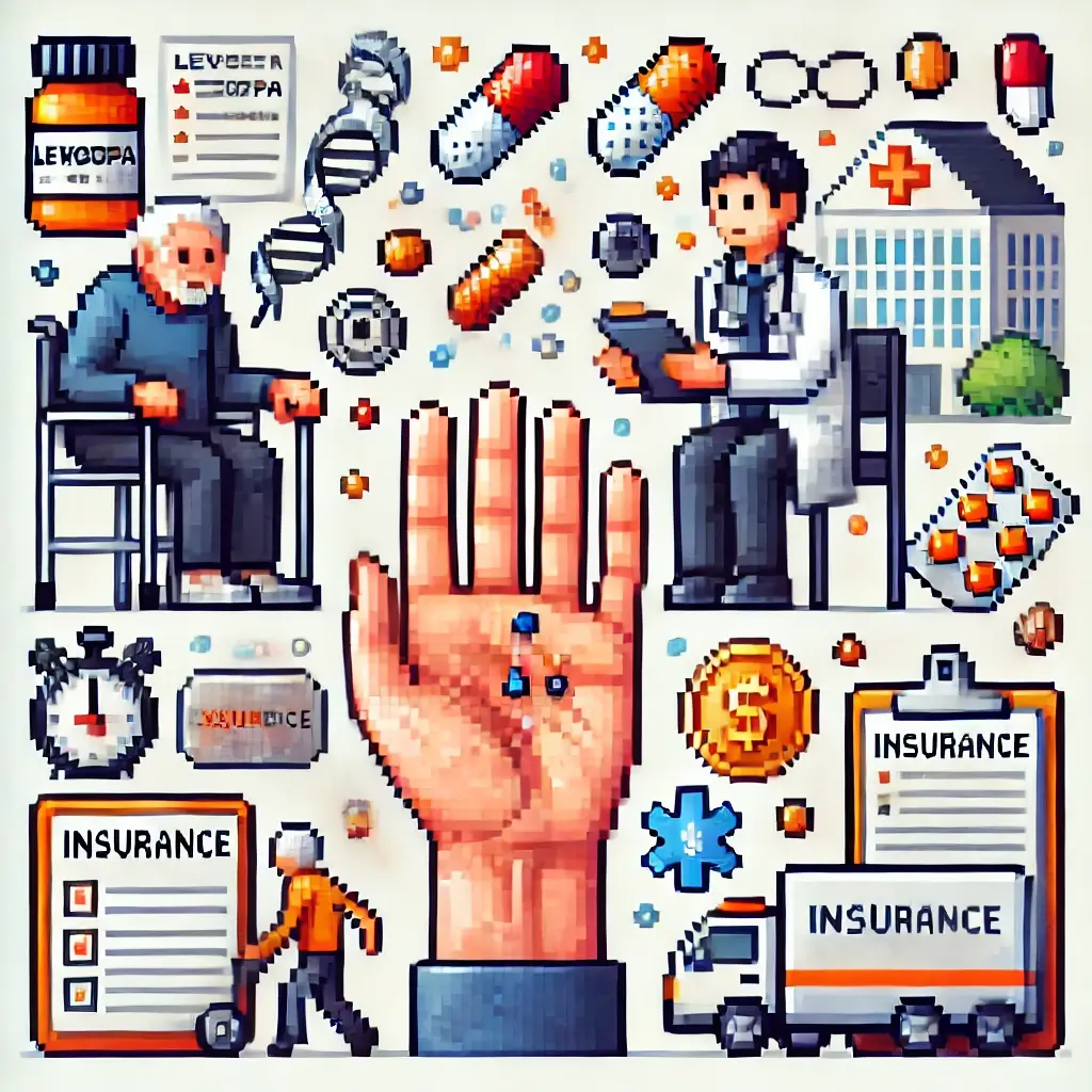 파킨슨병 초기 증상을 표현한 픽셀 아트 — 한쪽은 떨림, 다른 쪽은 강직, 주위에 스톱워치·단추·글씨지가 떠 있음. 키워드: 파킨슨병 초기 증상, 기능 저하.