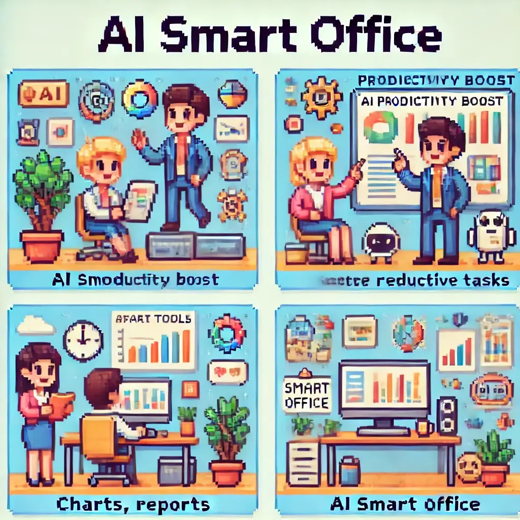 AI 비서를 활용해 컴퓨터로 반복 업무를 줄이는 직장인 픽셀 아트. 키워드: AI 오피스, 스마트 오피스, 생산성 향상, 업무 자동화.