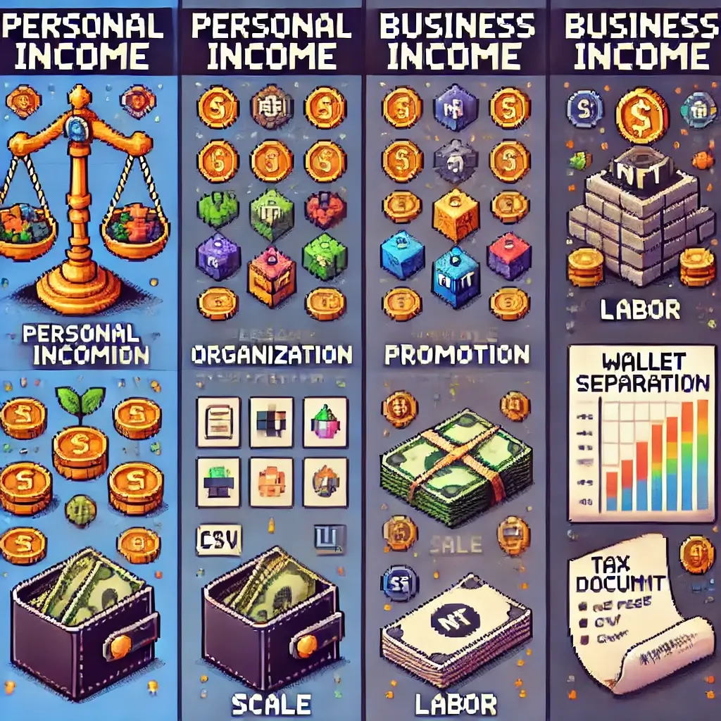 NFT 과세 체크리스트에서 개인소득 vs 사업소득을 비교하는 저울 픽셀 아트, 로열티 코인과 지갑 아이콘 포함.
