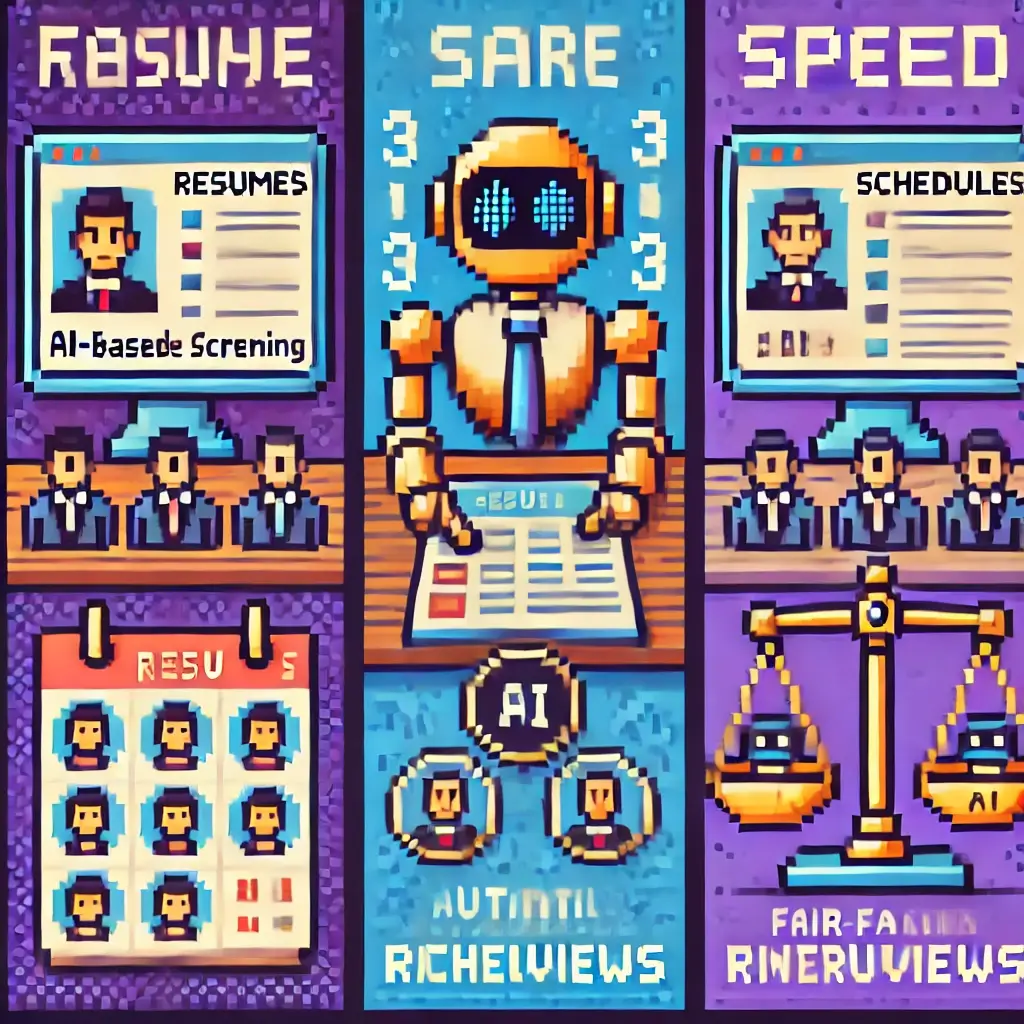 이력서를 필터링하는 AI 로봇이 있는 픽셀 아트 컴퓨터 화면 – AI 기반 채용 시스템 서류 스크리닝.