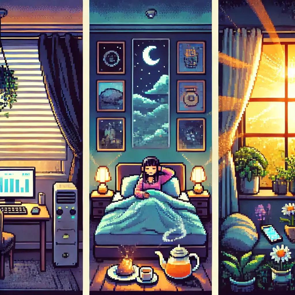 암막 커튼과 백색 소음 기계, 따뜻한 조명이 있는 아늑한 밤 침실 픽셀 아트. 불면증 극복