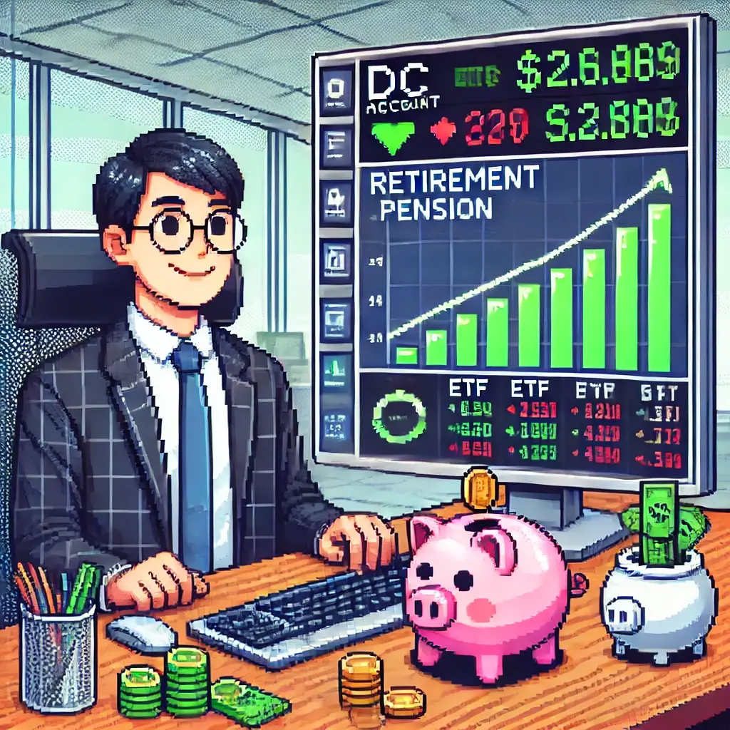 Middle-aged Korean man smiling at a computer showing rising ETF charts and a piggy bank; office background. 퇴직연금(DC) 계좌