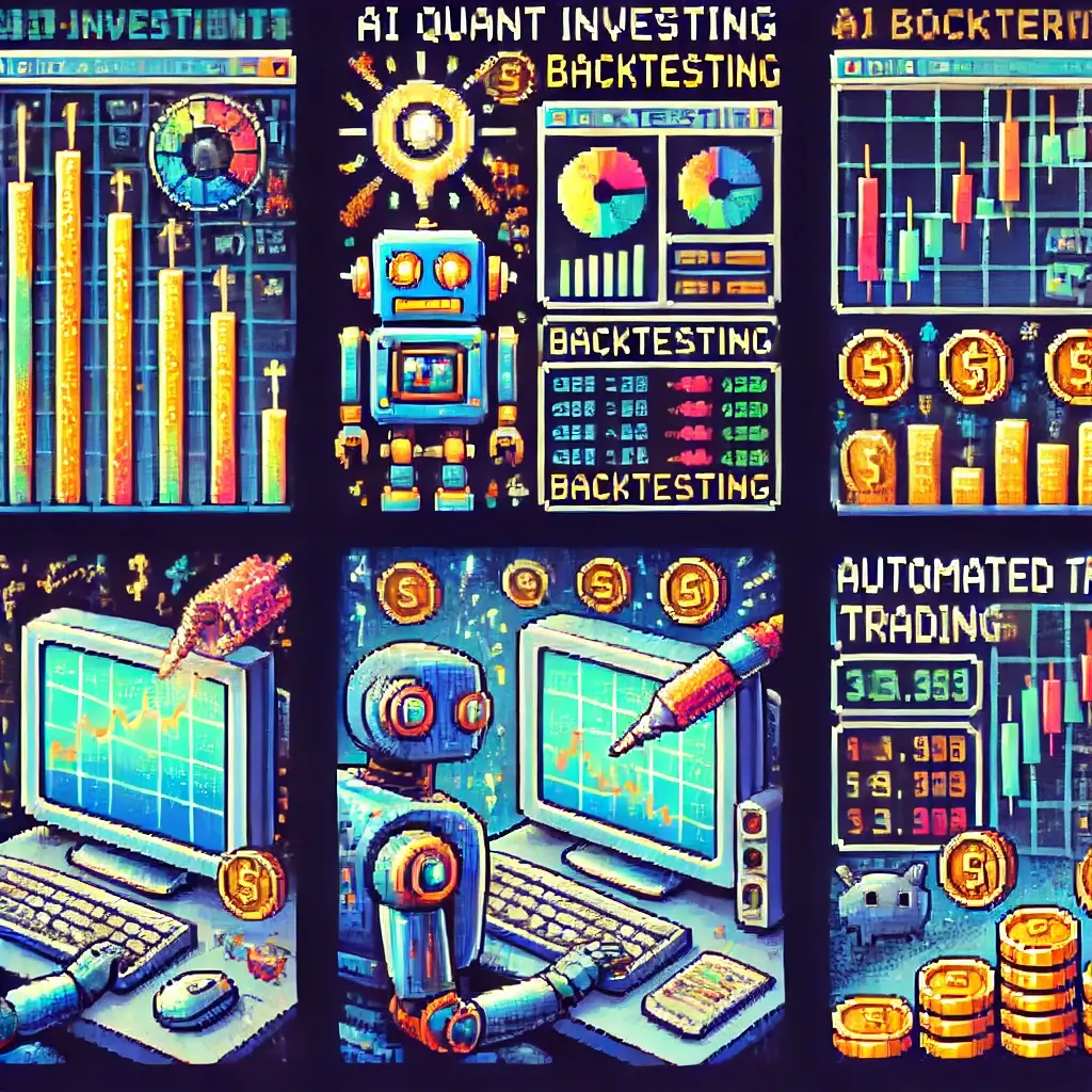 AI 로봇이 빛나는 주식 차트를 분석하는 픽셀 아트, AI 퀀트 투자와 주식 예측을 상징.