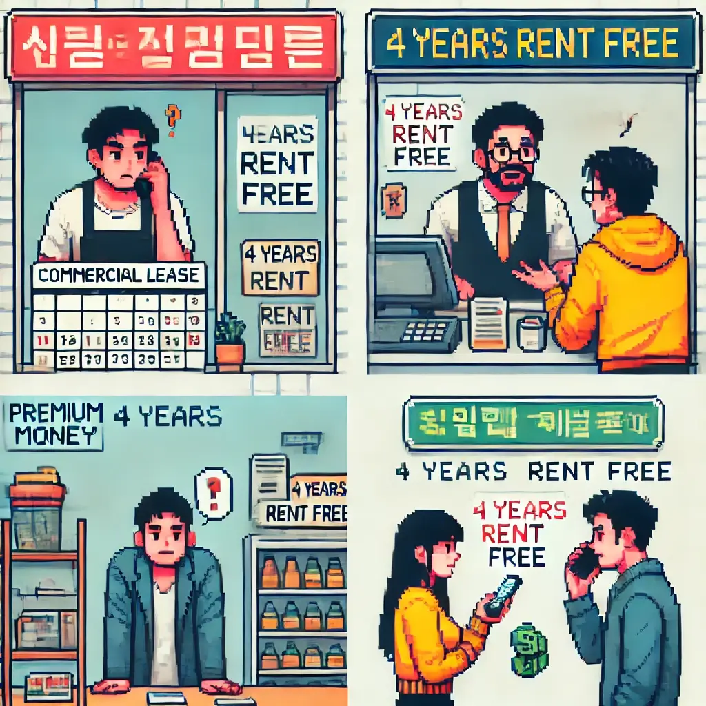 "렌트프리 4년째" 임대료 3개월 밀렸다고 내쫓길 뻔한 상가 임차인의 비극! 2가지 필승 해결책 2 상가 안에서 임대료 인상 통보서를 든 임대인과 마주한 걱정스러운 임차인, 벽에는 “렌트프리 4년” 달력이 걸려 있음.