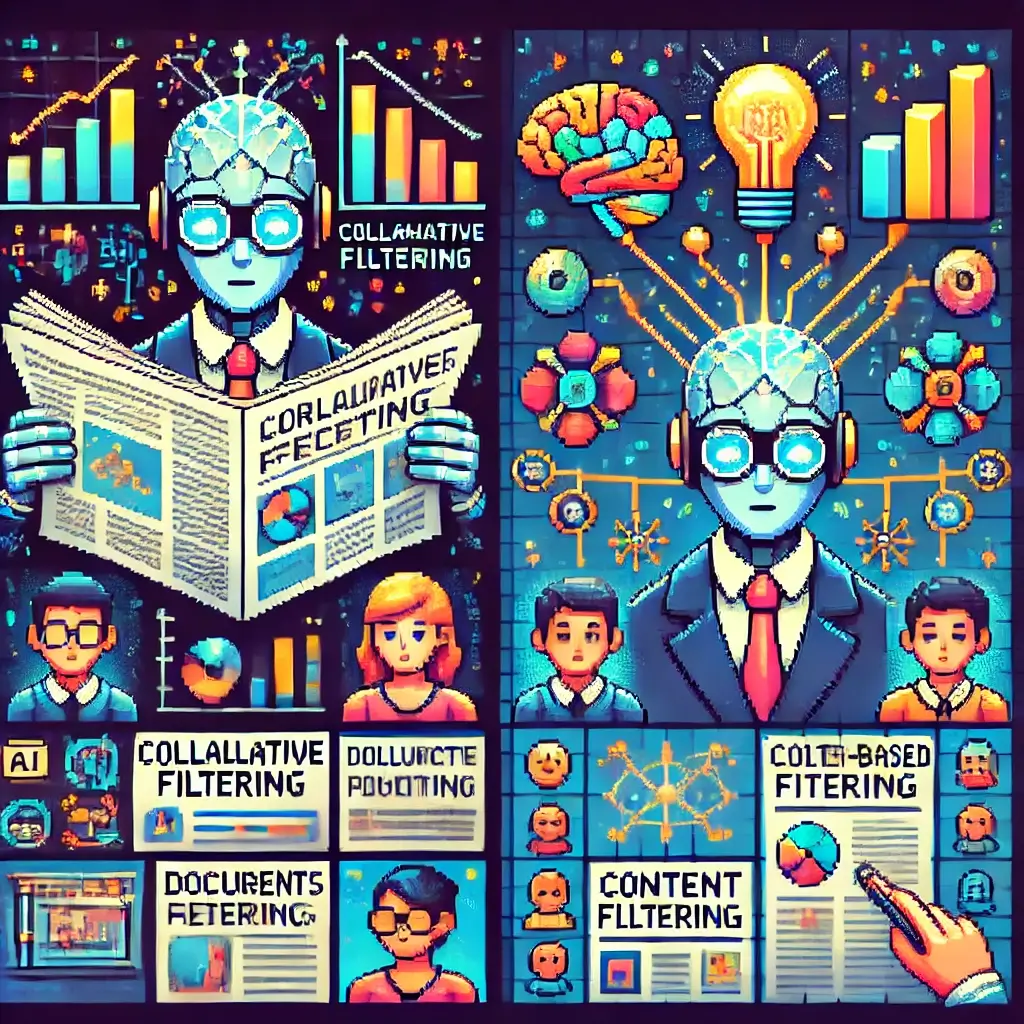 신문을 분석하는 AI 로봇과 주변에 떠 있는 사용자 아이콘과 데이터 차트 — "AI 뉴스 추천"의 데이터 기반 분석을 표현한 픽셀 아트.