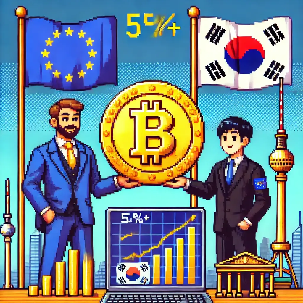 유럽연합과 한국 국기 사이에서 배당금이 상승하는 차트를 바라보는 자신감 있는 투자자 픽셀 아트. 유럽 주식