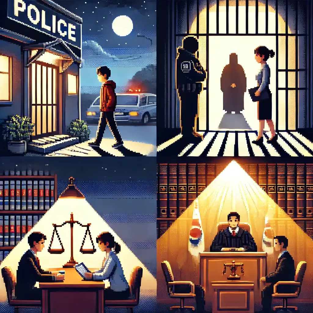 경찰서 앞에서 문서를 들고 서 있는 사람, 뒤에 그림자가 드리운 밤의 픽셀 아트. 성범죄 변호사