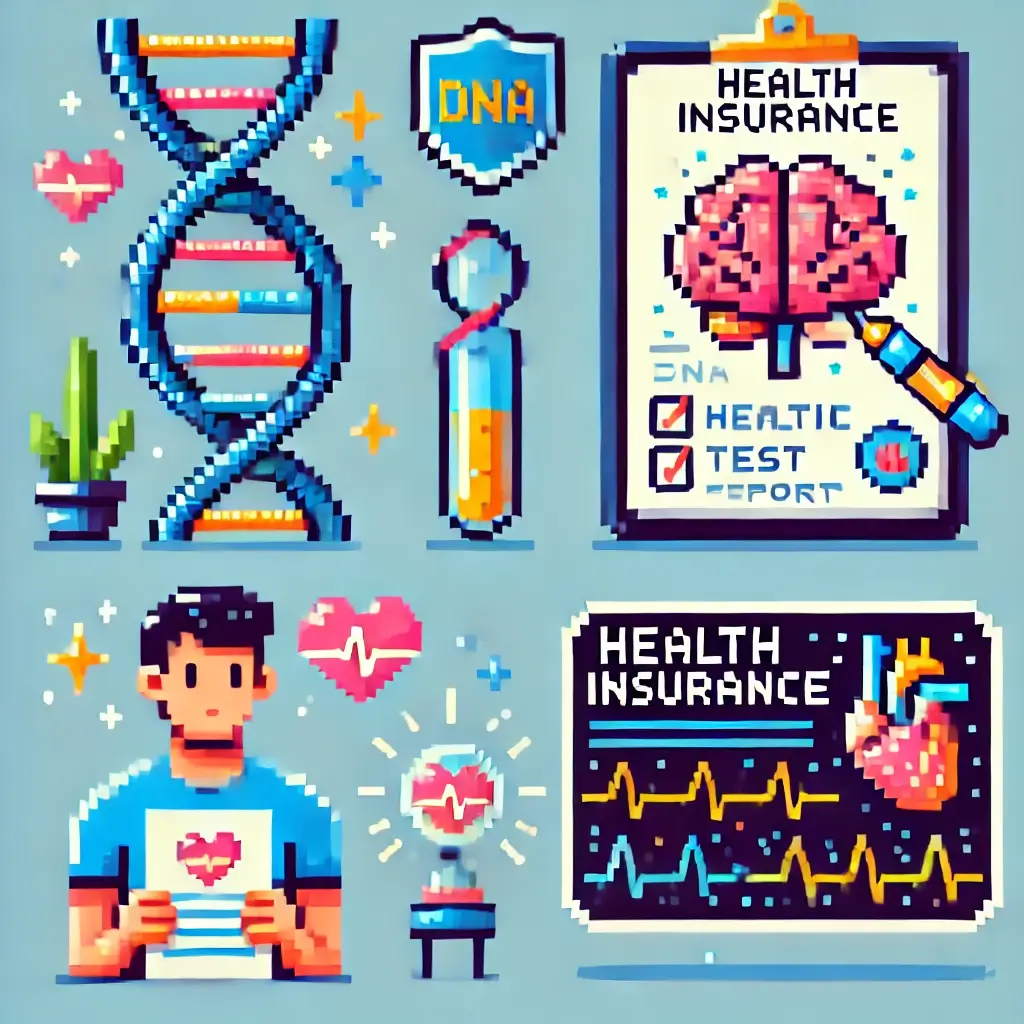 유전자 검사 기반 맞춤형 건강 보험을 상징하는 DNA 이중 나선과 보험 방패 픽셀 아트.