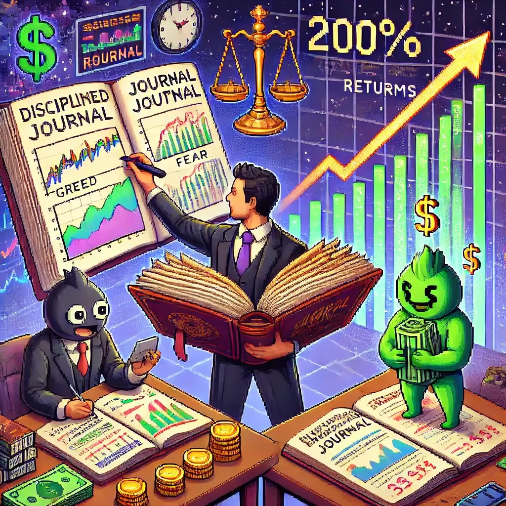 수익률 200%? '이것' 하나 바꿨을 뿐인데! 3000명이 극찬한 투자 일지 작성법 5단계 2 책상에서 큰 투자 일지에 기록하는 트레이더와 배경에 주식 차트와 그래프가 있는 픽셀 아트.