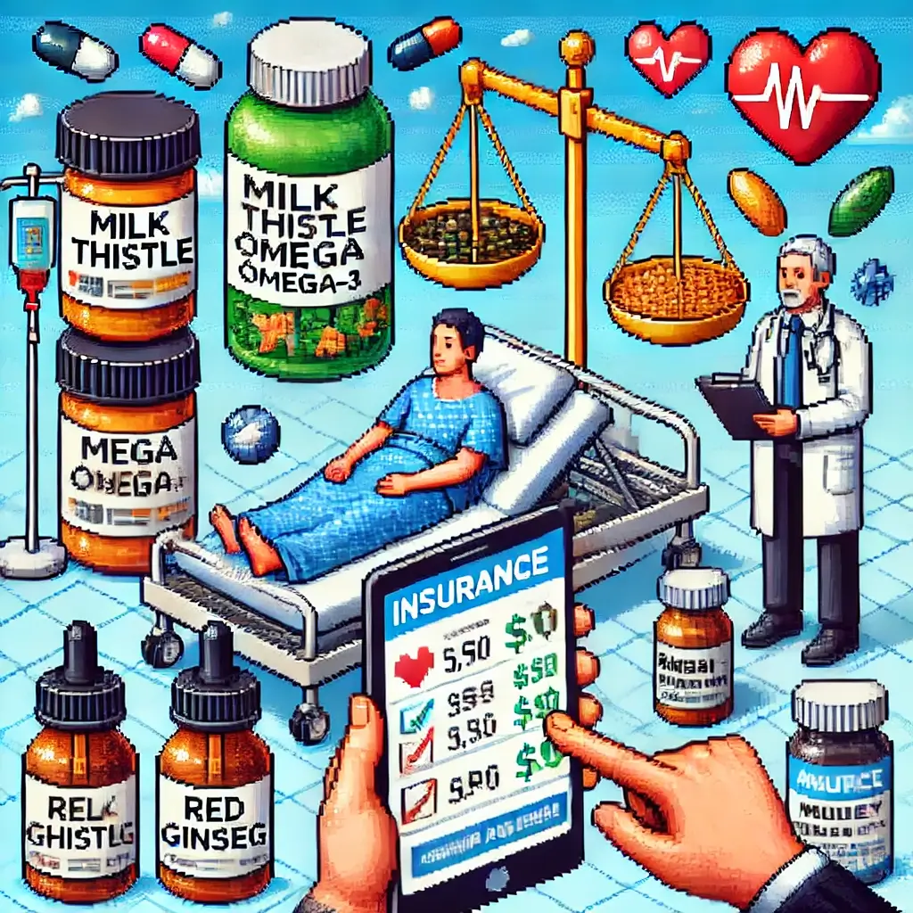 Pixel art of a patient with liver damage from excessive health supplements (milk thistle, omega-3, red ginseng), doctor pointing at medical charts, linked to 실손 보험 claim process.