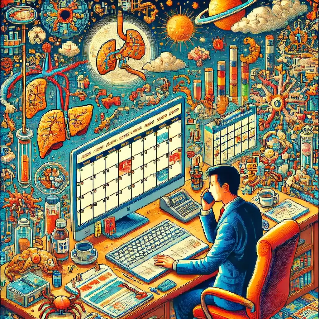 40대 한국 남성이 노트북과 달력으로 간암·위암 조기 발견 검진 예약을 하는 픽셀 아트.