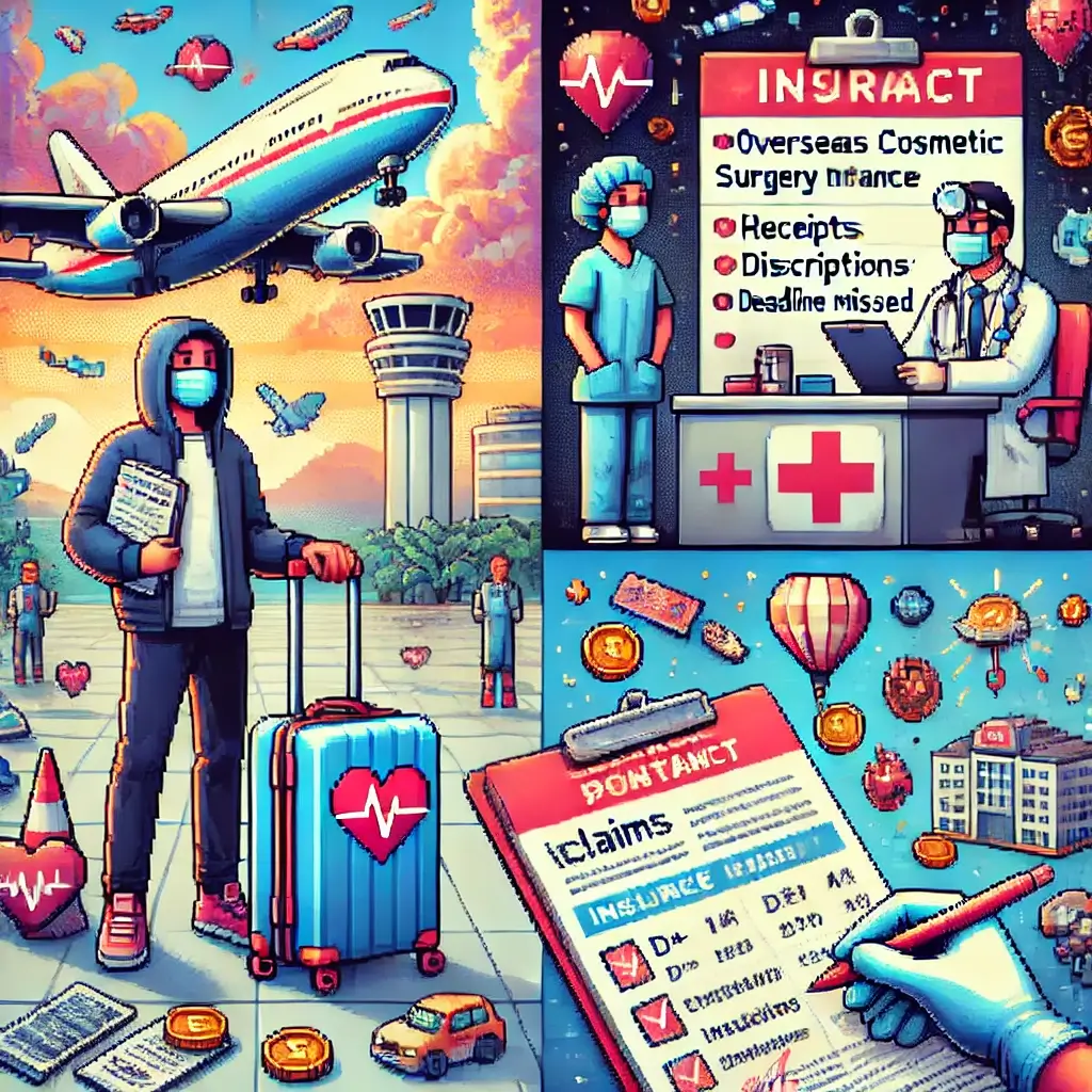 공항에서 해외 원정 성형수술 보험 서류를 들고 있는 여행자 픽셀 아트, 병원·비행기 아이콘이 떠 있음.