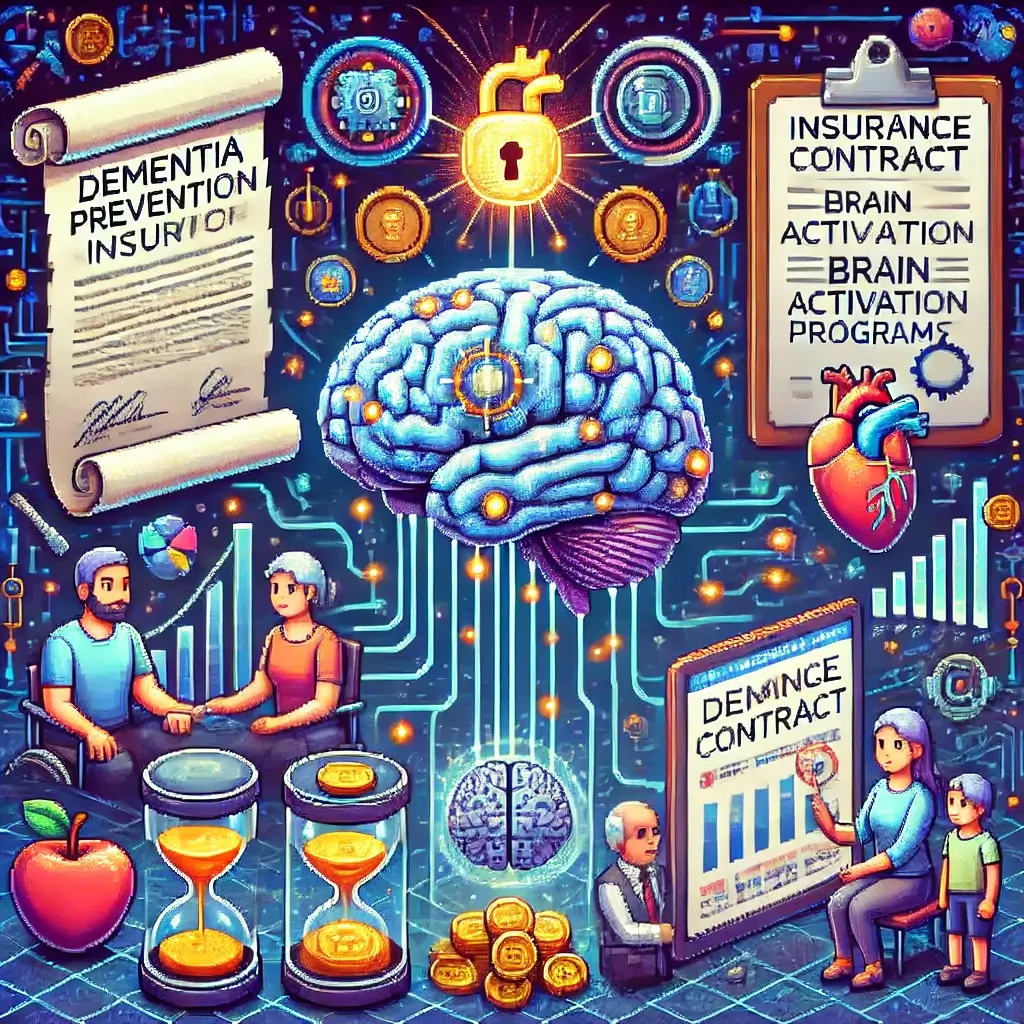 뇌 활성화 프로그램과 연결된 치매 예방 보험 픽셀아트, 빛나는 뇌, 보험 계약서, 가족 인지훈련 앱 사용, 리워드 코인, 데이터 대시보드.