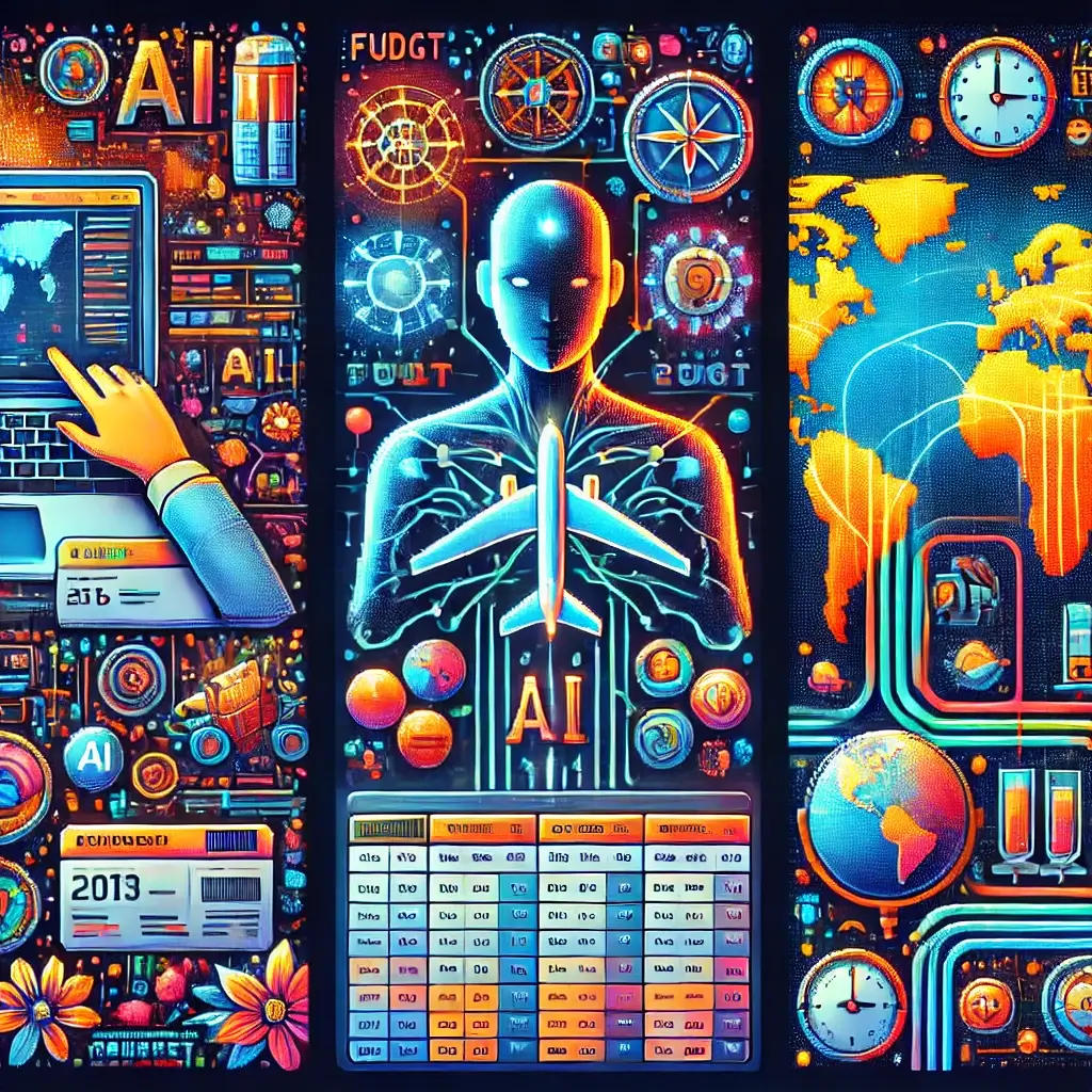 노트북, 항공권, 예산 스프레드시트로 표현된 픽셀 아트 — AI 여행 계획, 일정 최적화, 예산 관리, 자동화를 상징.