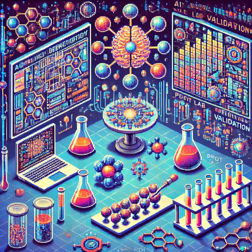 AI 신약개발을 표현한 픽셀 아트, 빛나는 분자, 신경망 회로, 웻랩 시험관과 미래형 연구소가 포함된 장면. 분자 생성, 합성가능성, 웻랩 검증, 파일럿 ROI 강조.