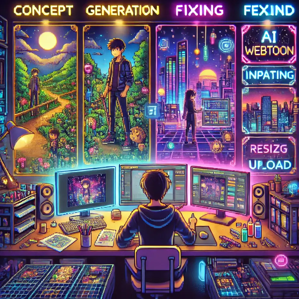 네온 불빛 책상에서 모니터로 웹툰 컷을 제작하는 크리에이터 픽셀아트. AI 웹툰 제작, 작업 파이프라인, 캐릭터 일관성 키워드 포함.