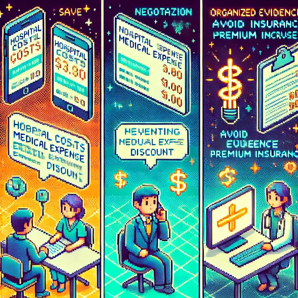병원 두 곳에 전화해 가격표를 비교하는 인물이 있는 픽셀 아트 장면 — 비급여 할인과 실손보험 절감을 상징.