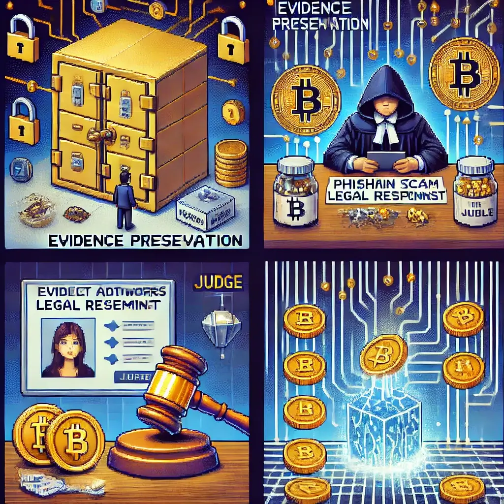 화려한 픽셀 아트로 그린 디지털 금고와 빛나는 자물쇠, 피싱 스캠 법적 대응에서 증거 보존(거래소 보존 요청)을 상징.