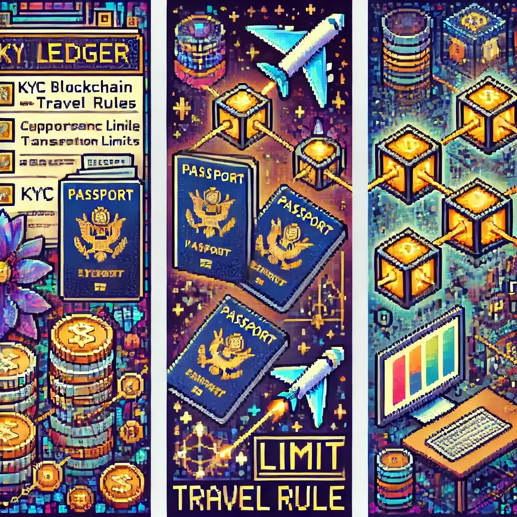 KYC 문서와 여권, 빛나는 거래소 연결 체인이 함께 있는 블록체인 원장을 그린 픽셀아트 — 코인 트래블룰, 이체 한도, 규제 준수 상징.