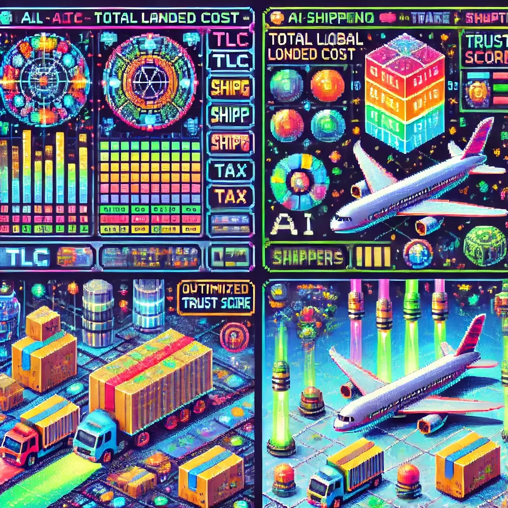 AI 해외 직구 대시보드 픽셀아트, 총비용(TLC)·배송·세금·신뢰 점수를 계산하는 빛나는 스프레드시트.