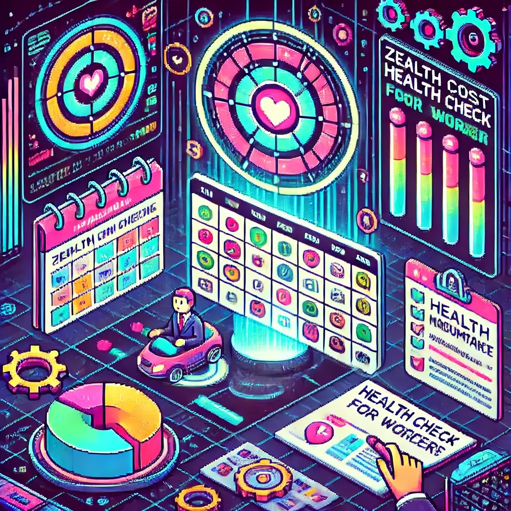 디지털 캘린더, 건강검진 쿠폰, 보험 체크리스트, 자동화 기어로 표현된 0원 건강관리 픽셀 아트. 직장인 건강검진, 본인부담상한제, 민간보험 체크리스트, 건강관리 자동화를 상징.