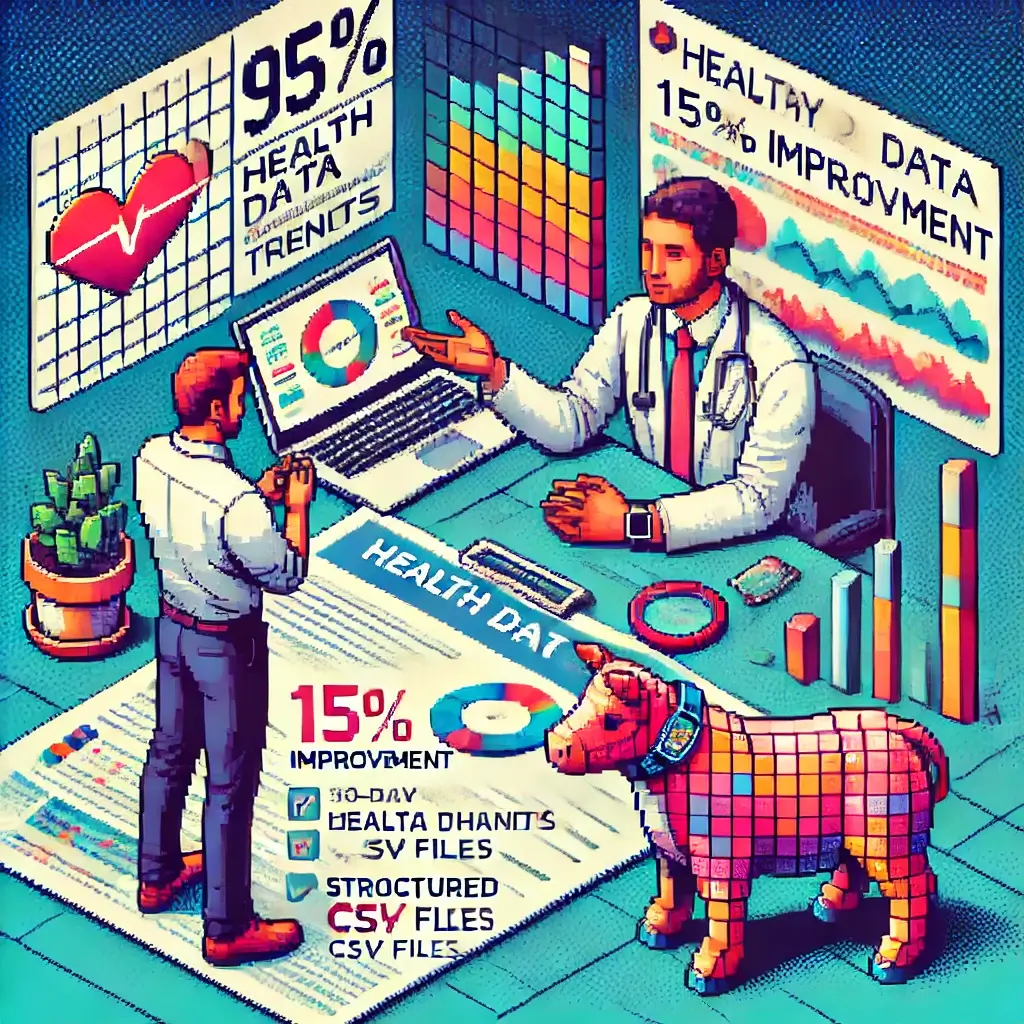 웨어러블 차트와 90일 추세, 15% 개선 지표를 보여주며 보험사 담당자와 건강 데이터 협상하는 픽셀 아트.