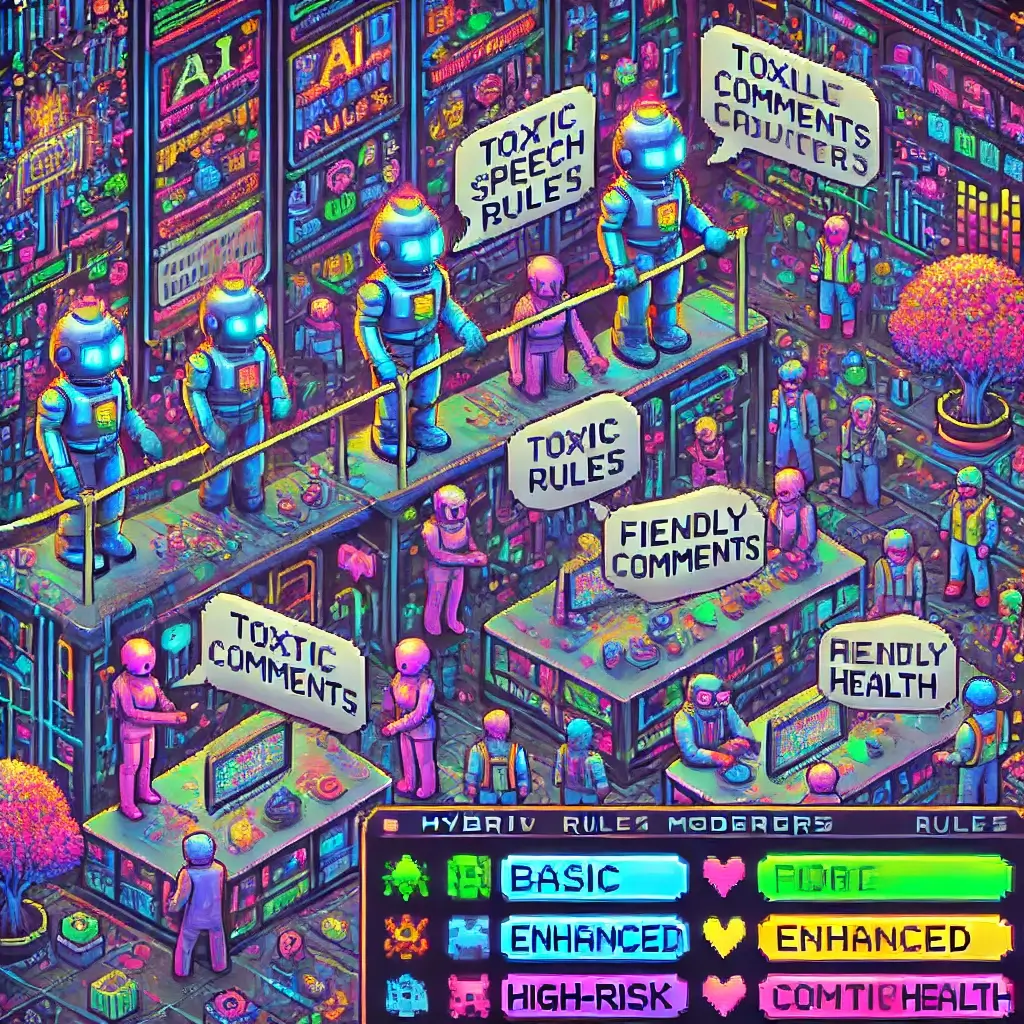 미래형 제어실에서 AI 봇과 운영자가 함께 악플을 차단하는 장면의 픽셀 아트 — AI 커뮤니티 관리와 사용자 경험을 표현.