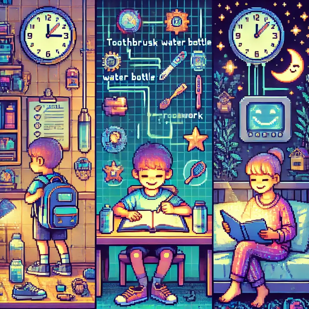 픽셀 아트, AI 기반 자녀 양육 아침 루틴 — 아이가 책가방을 챙기며 AI 알림(칫솔, 물병, 신발)과 타이머. 키워드: AI 기반 자녀 양육, 아침 자동화, 아이 루틴.
