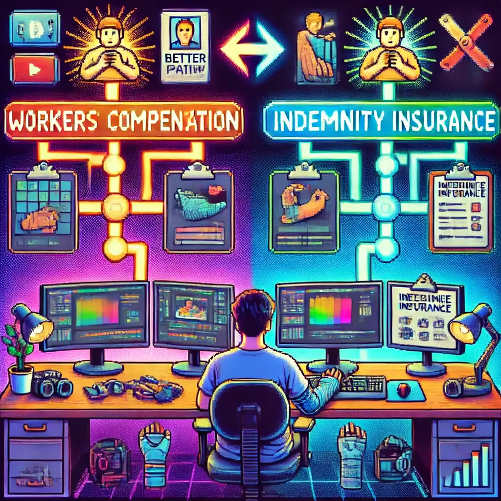 2025년 유튜버가 손목 통증을 느끼며 영상 편집 중 산재보험·실손보험 아이콘을 비교하는 픽셀아트.