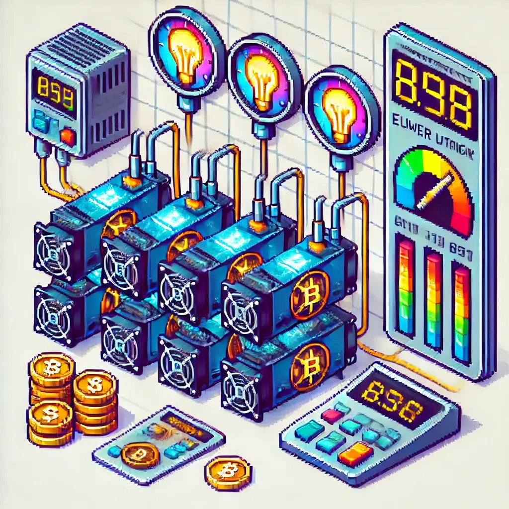 화려한 픽셀 아트로 표현된 암호화폐 마이닝 장비와 빛나는 전력 계량기, 전기료 배부·채굴 감가상각·장부 자동화를 상징하는 차트가 포함된 정교한 이미지.