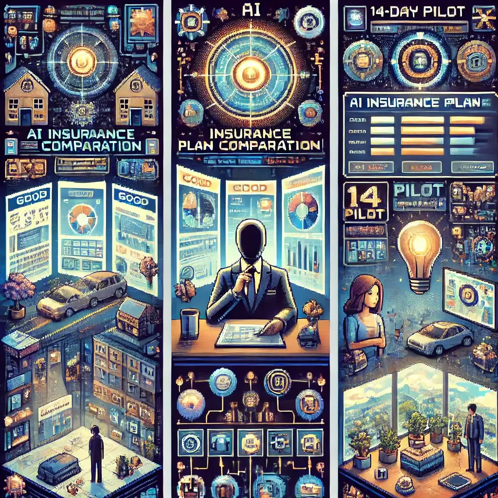 홀로그램 그래프와 인간 설계사가 함께 있는 AI 보험 설계 비교 픽셀아트, 하이브리드 보험 설계를 상징.