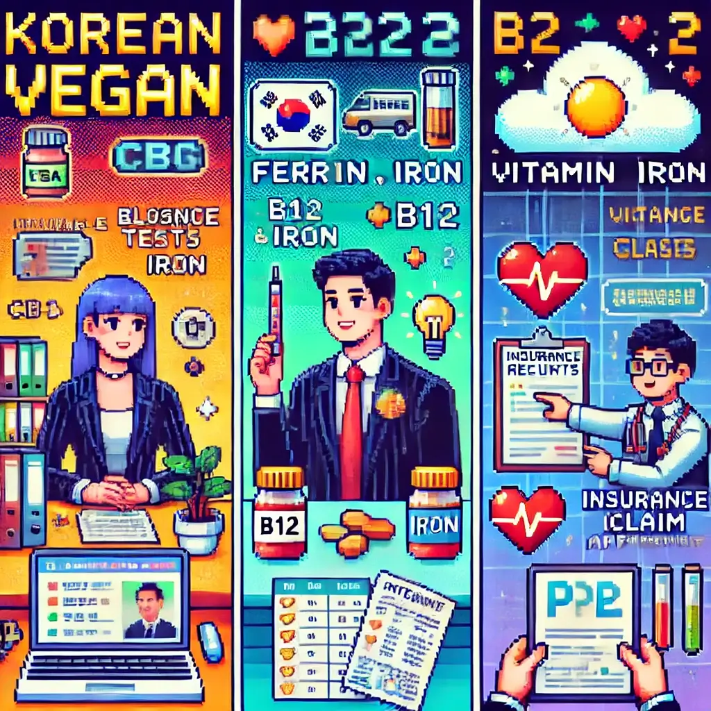 비건 실손보험 가이드 픽셀 아트 – B12, 철분 보충제, 보험 앱과 영수증을 책상에서 관리하는 비건 직장인.