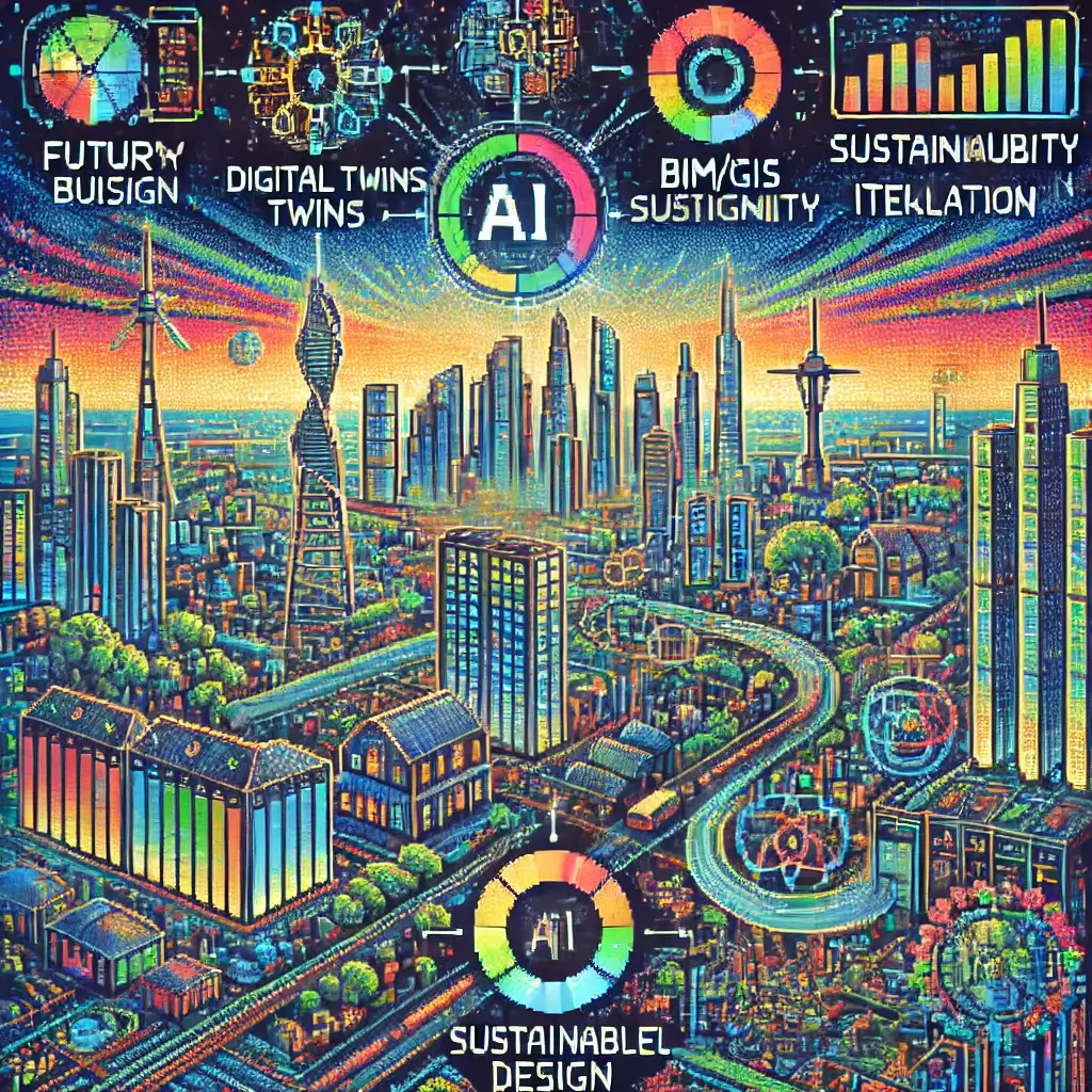 BIM, GIS, LCA 오버레이와 네온 루프가 빛나는 AI 기반 건축 설계 탄소 0 미래 도시 픽셀아트.