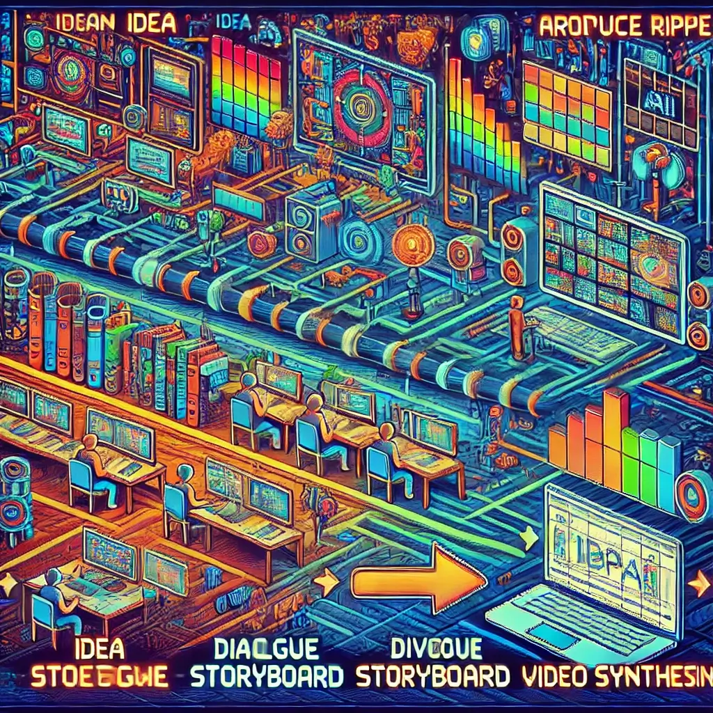 AI 스토리텔링 제작 파이프라인 픽셀아트 — 아이디어, 프롬프트 엔지니어링, 콘티 자동화, 영상 합성 워크플로우, 네온 미래적 감각.